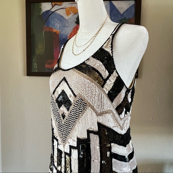 Parker Black Gold White Sequin Cocktail Dress Size Medium - Picture 2 of 11